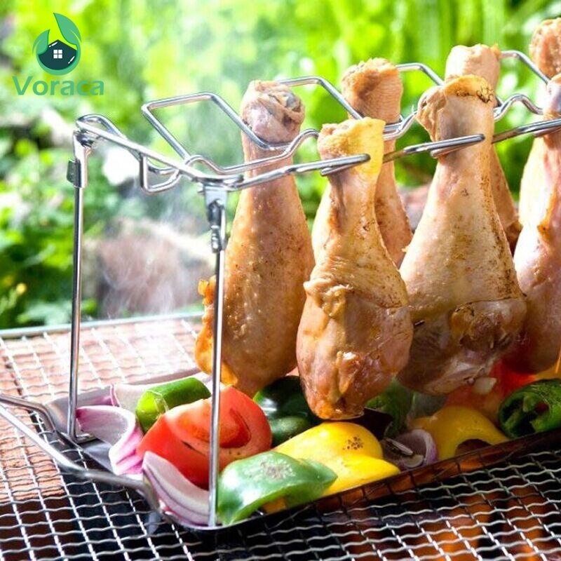 Estante de patas de pollo asado de acero inoxidable plegable con bandeja para barbacoa Picnic Camping ahorro de espacio herramientas de cocina Accesorios