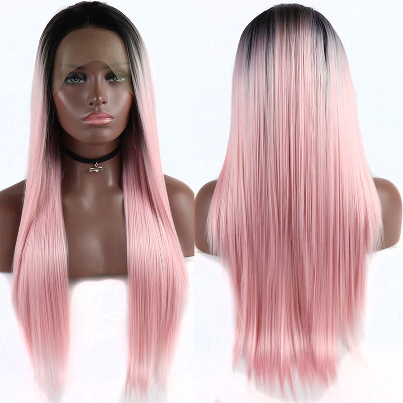 Bombshell sort ombre pink lige syntetisk blonde front paryk varmebestandigt fiber hår naturlig hårgrænse midterskilning til kvinder
