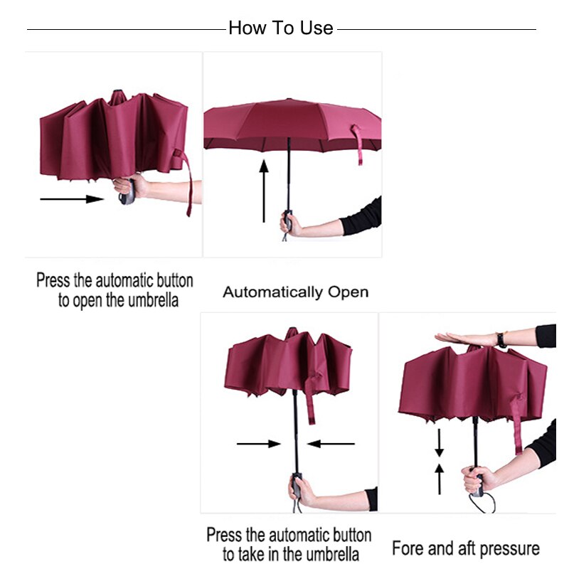 Wind Resistant Folding Automatic Umbrella Rain Women Auto Luxury Big Windproof Umbrellas Rain For Men Black Coating 10K Parasol