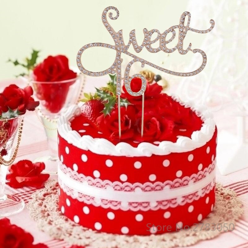 Sweet 16 Cake Topper 16th Birthday Party Themes With Rhinestone Decoration Anniversary Cake Decorating Supplies Gold/Silver