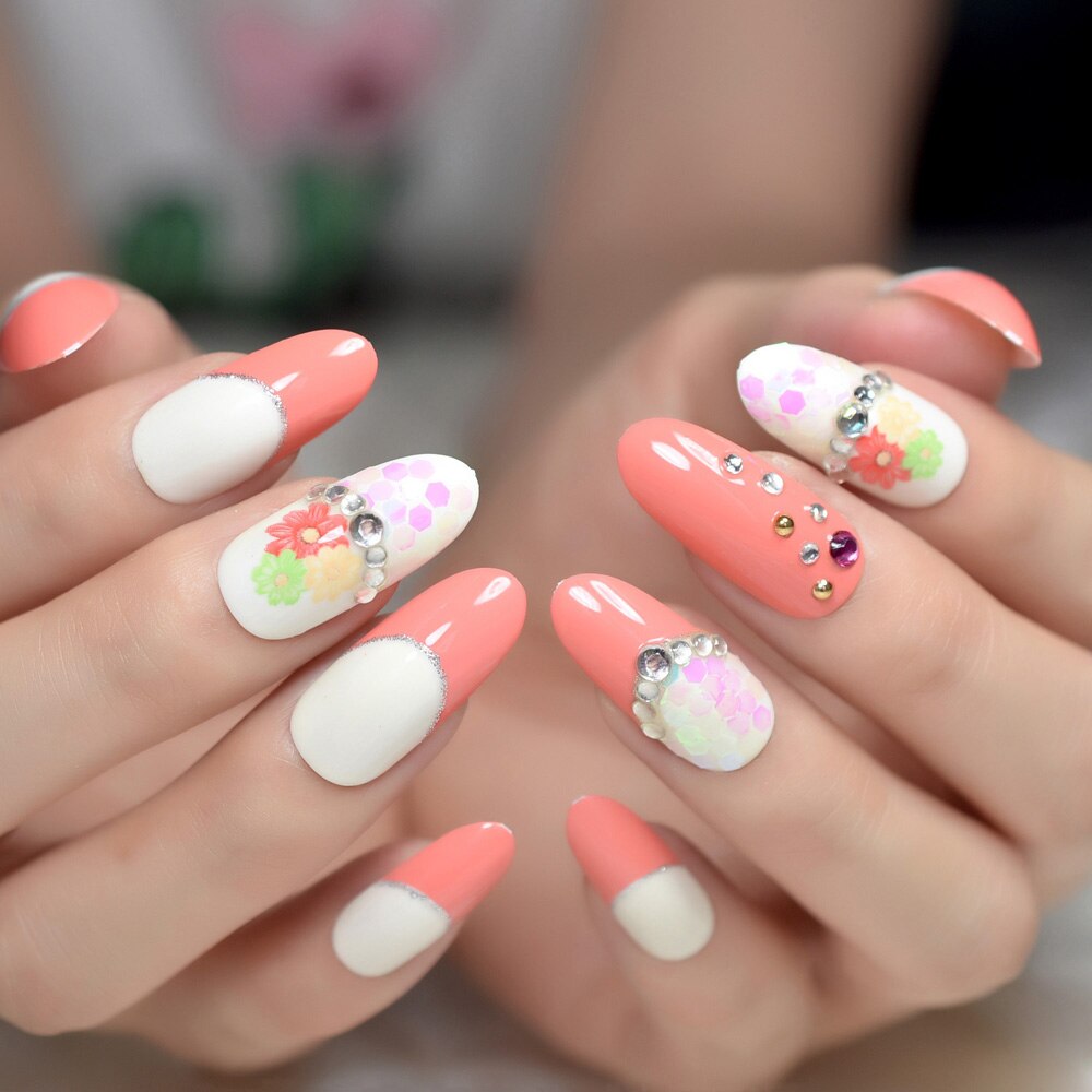 Long rond français acrylique faux ongles blanc Orange fleur faux ongles avec strass décoration presse sur ongles Z949: Default Title
