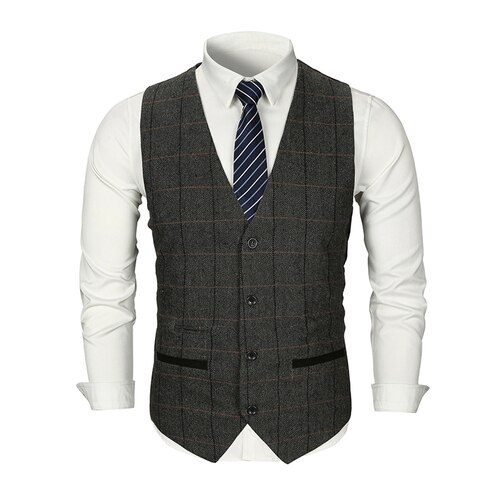 FFXZSJ Men Woolen Suit Vest Single Breasted Plaid Wedding Groom Slim Fit Vest Waistcoat Business Formal Vest for Men: Dark Gray / XL