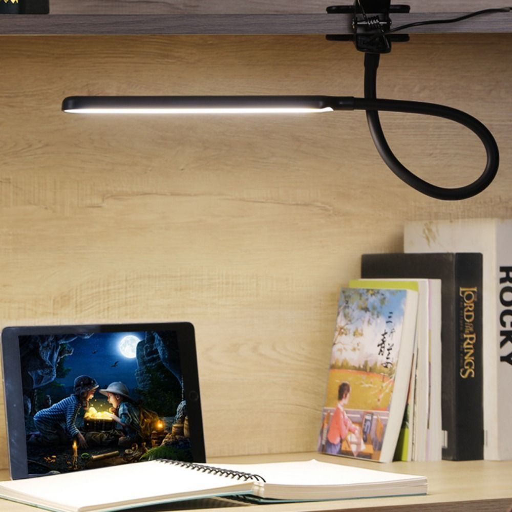 Verstelbare led-bureaulamp met klem, 3 kleuren licht, 10 helderheidsniveaus, leeslamp met klem, dimbare helderheid, usb-voeding.