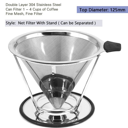Reusable Coffee Filter Stainless Steel Double Layer Mesh Basket Brewing Coffee Holder Cone Funnel Dripper Coffee Making Tools: Net Filter