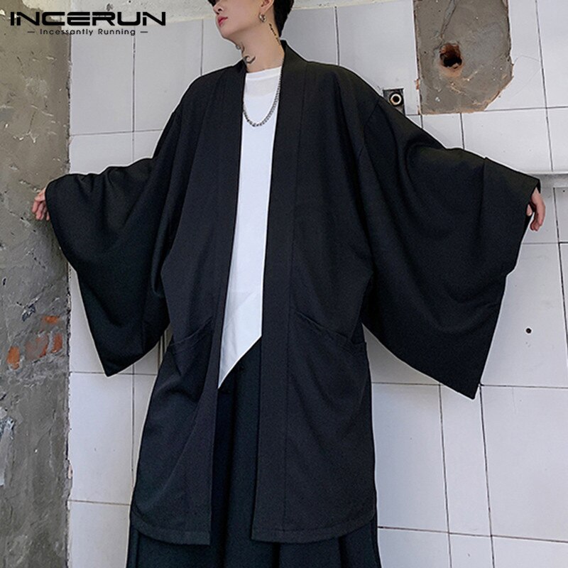 Incerun mænd sort cardigan skjorte afslappet åben søm outwear mand trench langærmet lange frakker japansk stil yukata toppe