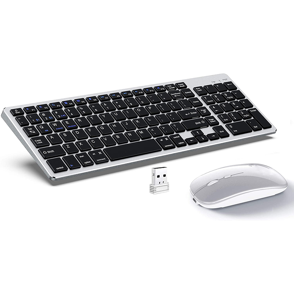 Zienstar – ensemble clavier et souris sans fil Rechargeable, en Silicone, Ultra-mince, version anglaise, double , Bluetooth + 2.4G: Silver Black