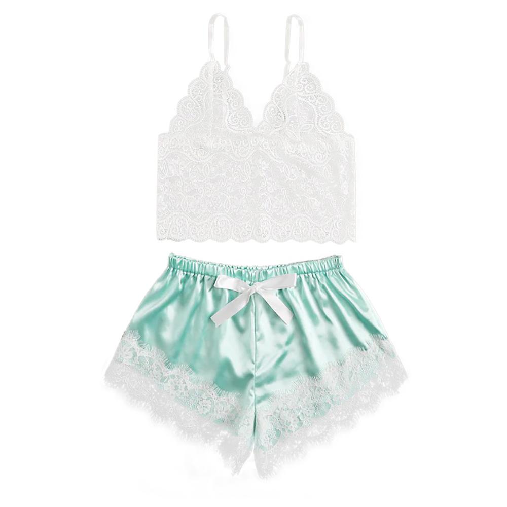 2pcs Womens Lace Pajama Set Sleeveless Crop Tops Elastic Bowknot Shorts Ladies Two Piece Set Solid Color Sleepwear Summer Pajama: Green / L