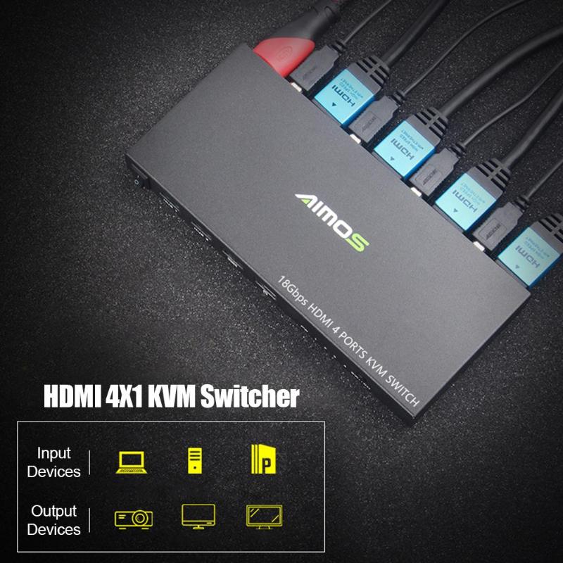 18Gbps 4K 60Hz Ultra HD Metal Case 4 Input 1 Output KVM Switch Screen Switcher Shared Keyboard and Mouse AM-KVM401