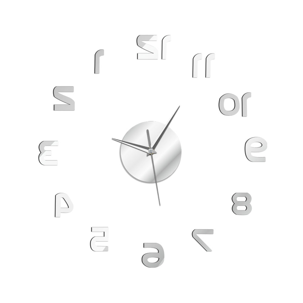 Backwards DIY Wall Clock Reverse Large Numer Wall Clock 3D Giant Mirror Sticker Huge Wall Watch Living Room Decoration: Silver / 27 inch