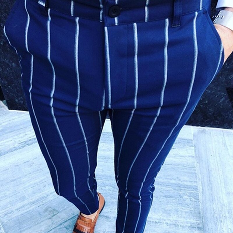 Heren chino's slim fit skinny broek voor heren chino broek geruit grijs met streep casual effen broek: Xl / Blauw