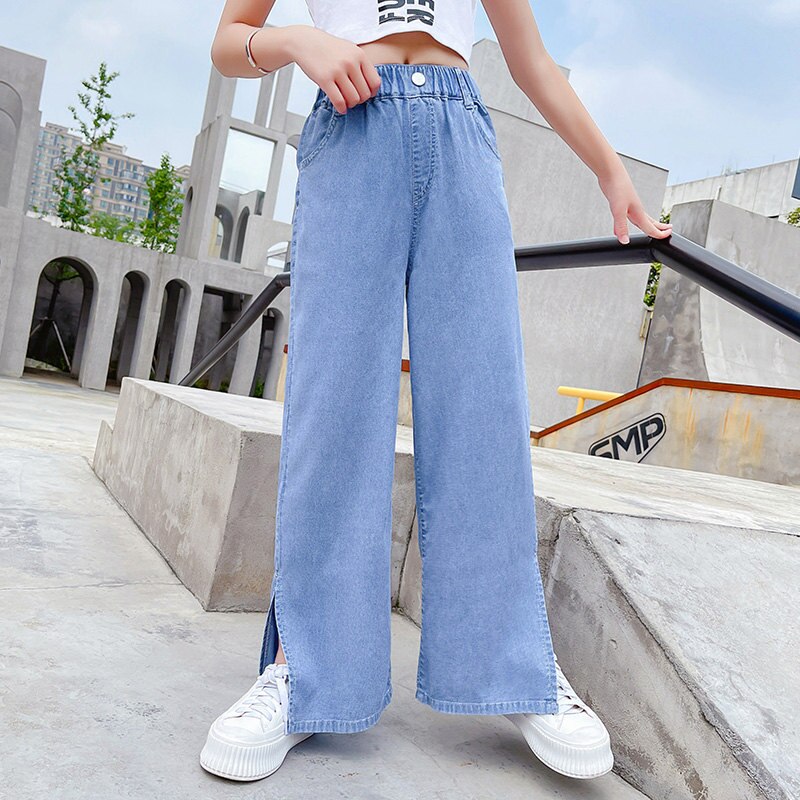 Teen Girls Summer Elastic Waist Wide-Leg Pants Loose Soft Split Denim Trousers Students Jeans 6 8 10 12 13 14 Years Old
