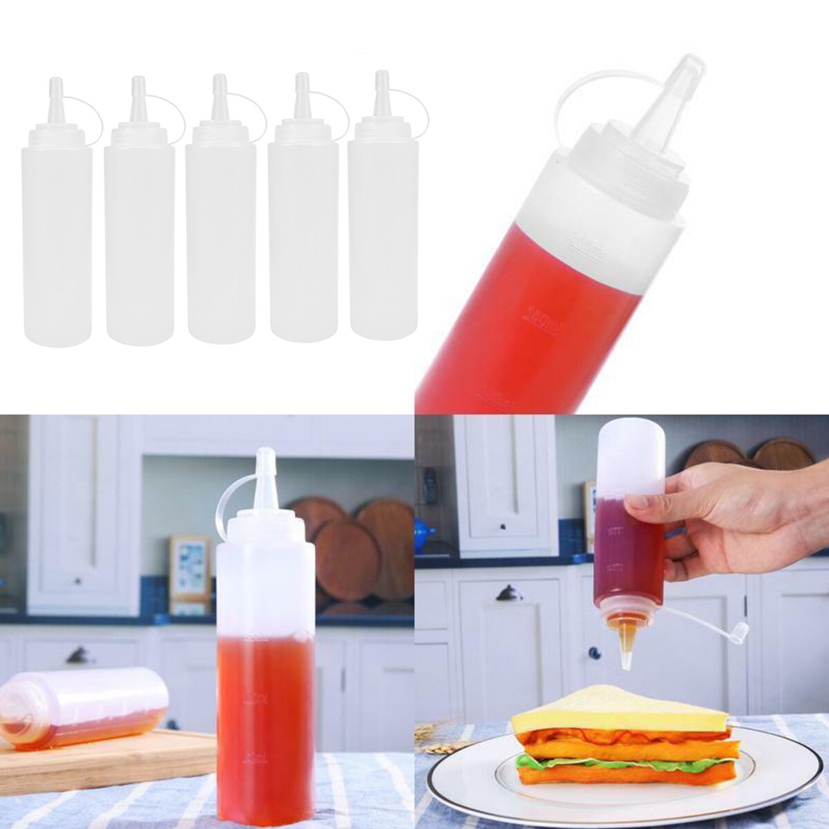 5 stk / pakke 230ml 8oz plastikpres sprøjtekrydderiflasker med låg på låg låg top dispensere til ketchup køkkenartikler