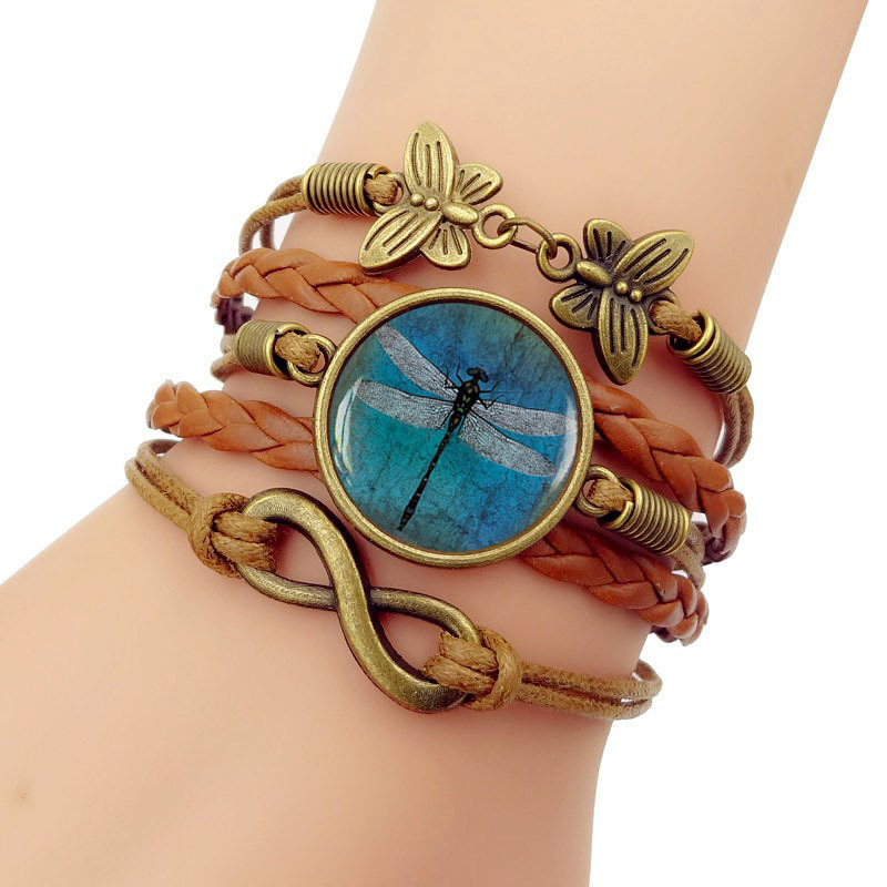 Vintage Multi-Layer Leren Armband Mode Gevlochten Handgemaakte Touw Kronkelende Blauwe Libel Tijd Edelsteen Armband