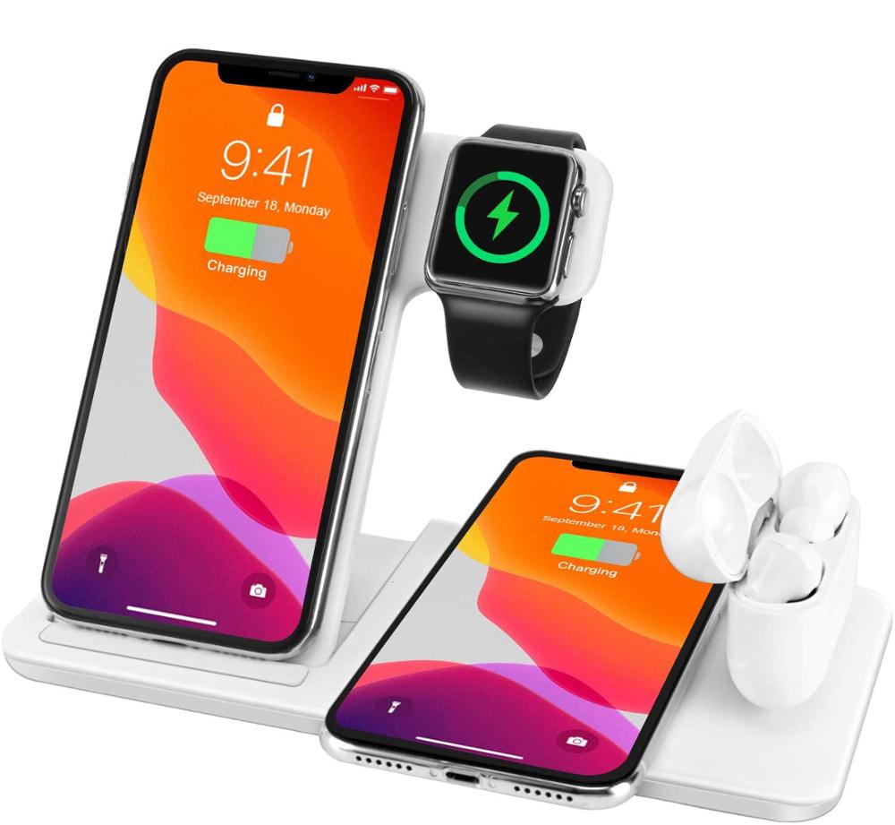 Estación de carga inalámbrica 4 en 1 para Apple Watch 6, 5, 4, iWatch, soporte de carga para iPhone 12, 11, XS, X, 8, Airpods Pro: 4 in 1 White Fold