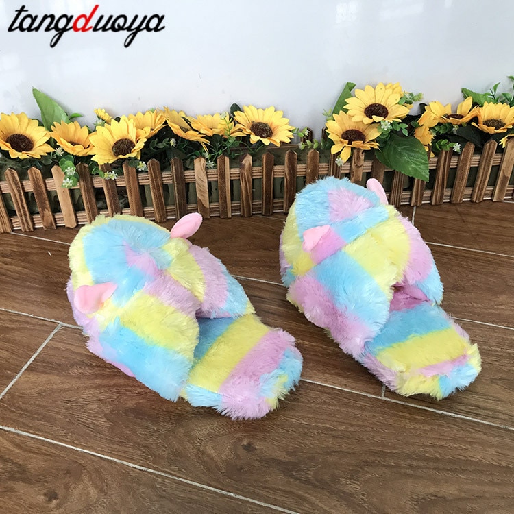 Schattige cartoon alpaca's dames winter huis pantoffels warme pluche binnenschoenen antislip flats huis vloer schoenen voor dames