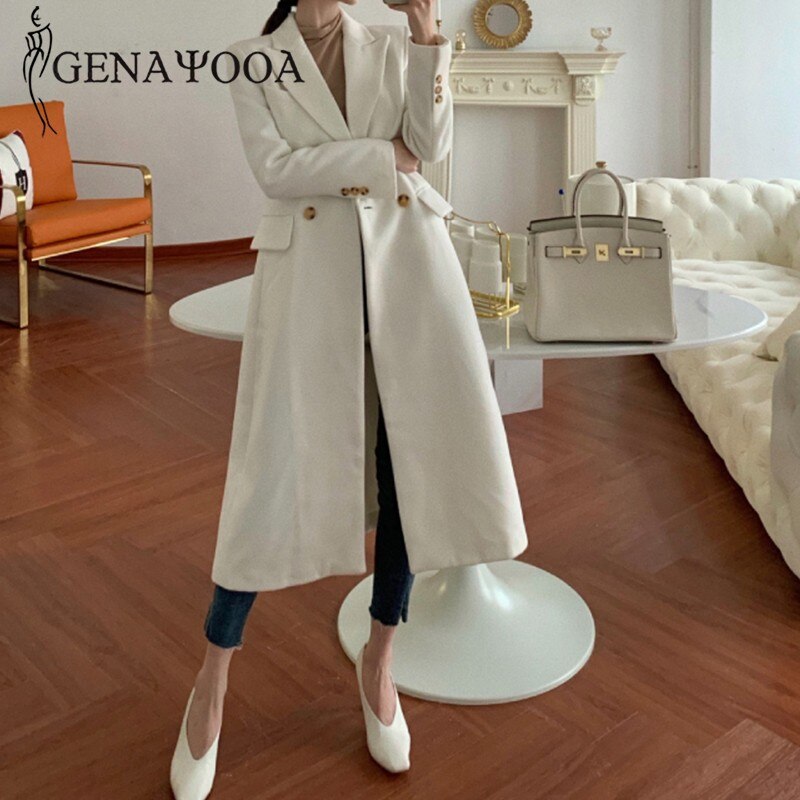 Genayooa kvinnor vinter vit kappa ull kontor damer lång kappa varm dubbelknäppt överrock koreansk