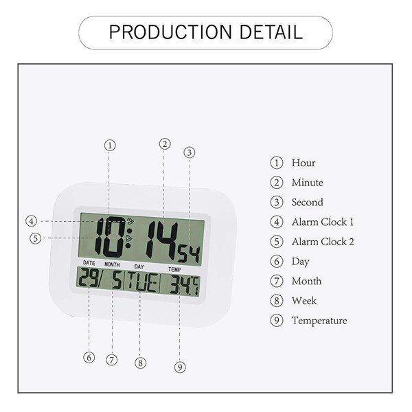 Digital Wall Clock Battery Operated Simple Large LCD Alarm Clock Temperature Calendar Date Day for Home Office