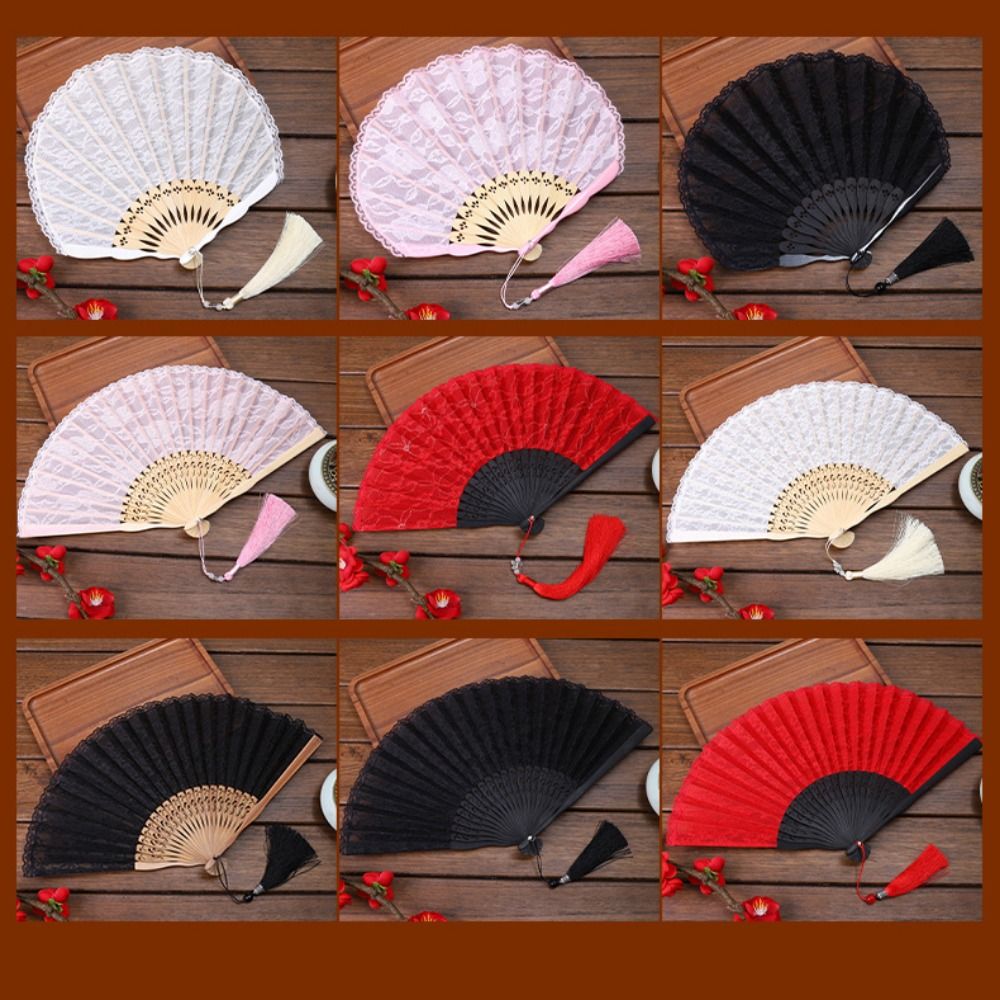 Draagbare opvouwbare ventilator met kwastje, lichtgewicht, met kant, handventilator met hol handvat, duurzame chinese ventilator voor dames