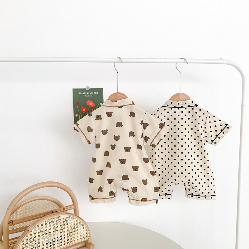 2022 Zomer Koreaanse Stijl Baby Meisje Jongen Romper Beer Dot Korte Mouwen Turn-Down Kraag Jumpsuit Kind Kleding e2375