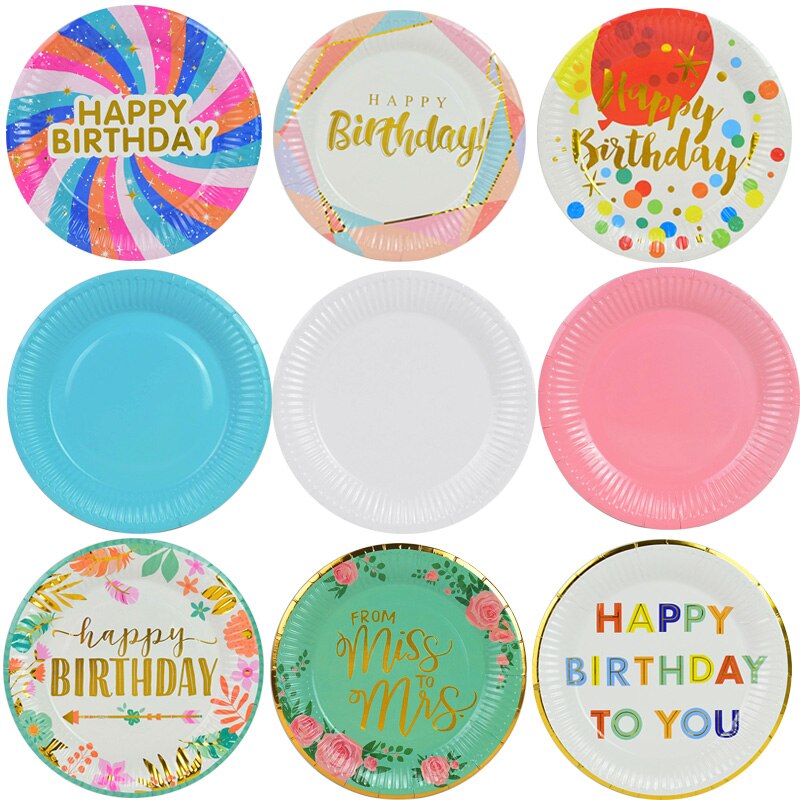Vajilla desechable de colores, plato de papel para suministros de feliz cumpleaños de boda, bandeja para pastel de Baby Shower, plato desechable, 10 Uds.