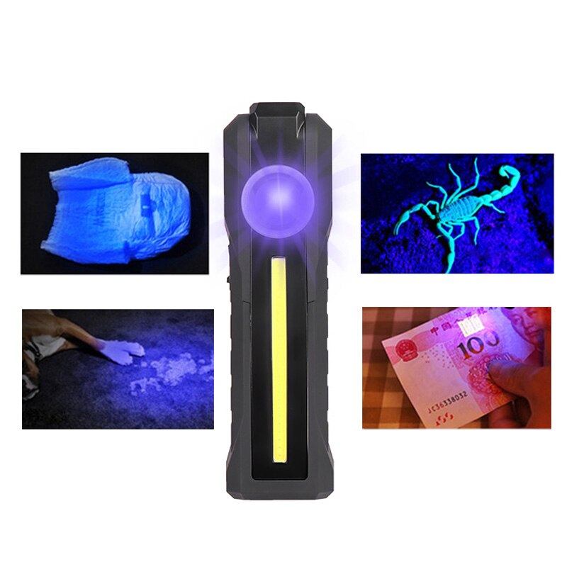 Cob arbejdslampe led bærbar lommelygte usb genopladelig lommelygte fleksibel magnetisk inspektion gul lilla hvid nød uv lys