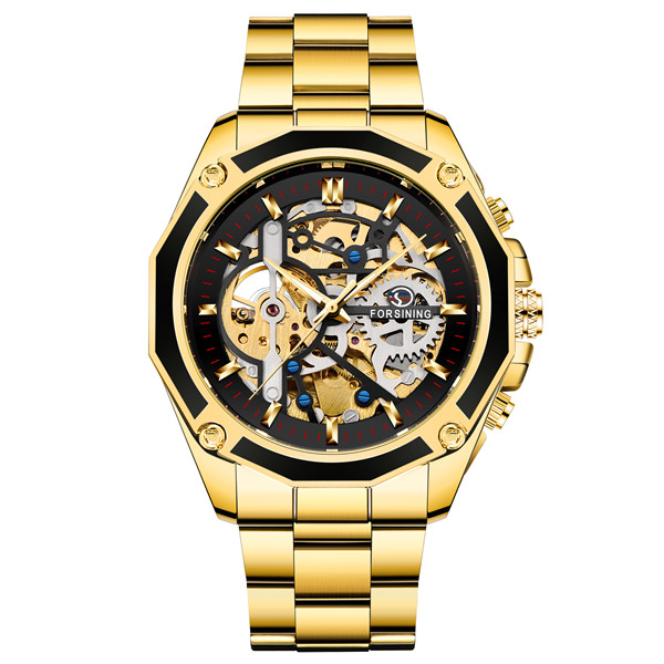 Forsining Rvs Waterdicht Heren Skeleton Horloges Top Luxe Transparante Mechanische Sport Mannelijke Horloges: gold black