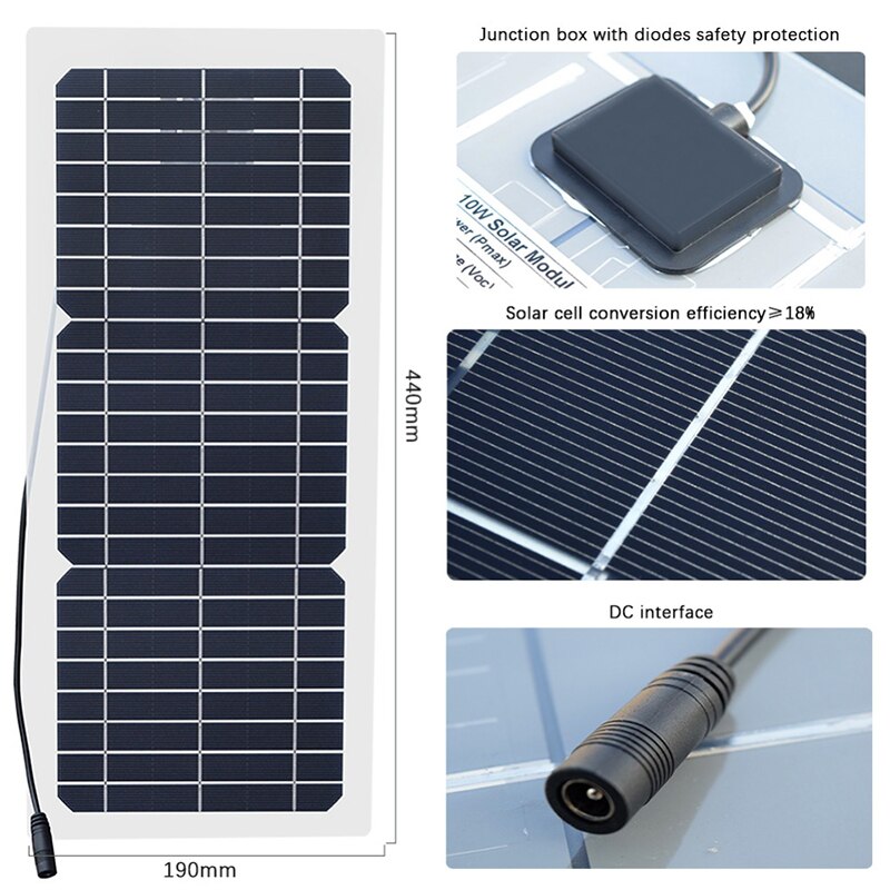 DC12V 10W Portable Solar Panel semi-flexible Monocrystalline Solar Cell Outdoor Connector DIY Solar Charger Panel Solar Power