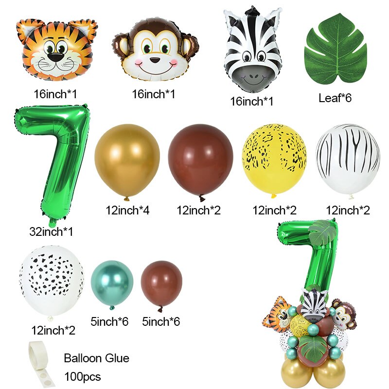 Conjunto de globos con número de animales de Safari para niños, decoración para de cumpleaños de 1 a 9 años, suministros para Baby Shower, 35 piezas: Number7 Set