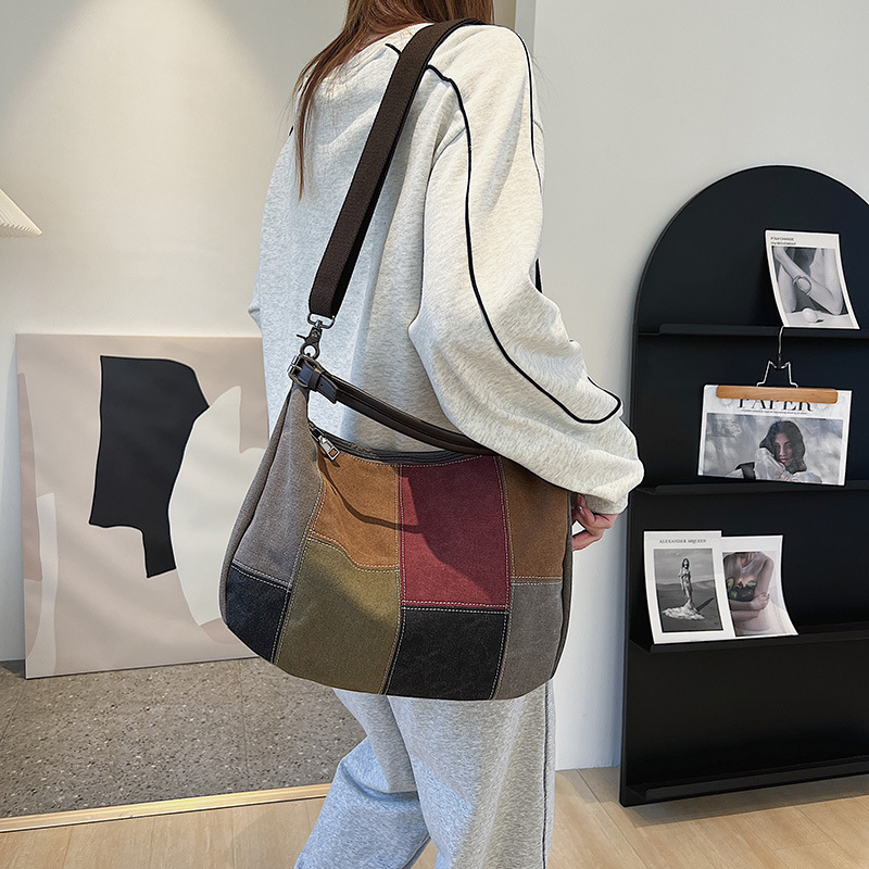 Vrouwelijke Mode Canvas Grote Capaciteit Slouchy Schoudertas Vrouwen Casual Grote Maat Zacht Katoen Patchwork Weekender Handtas