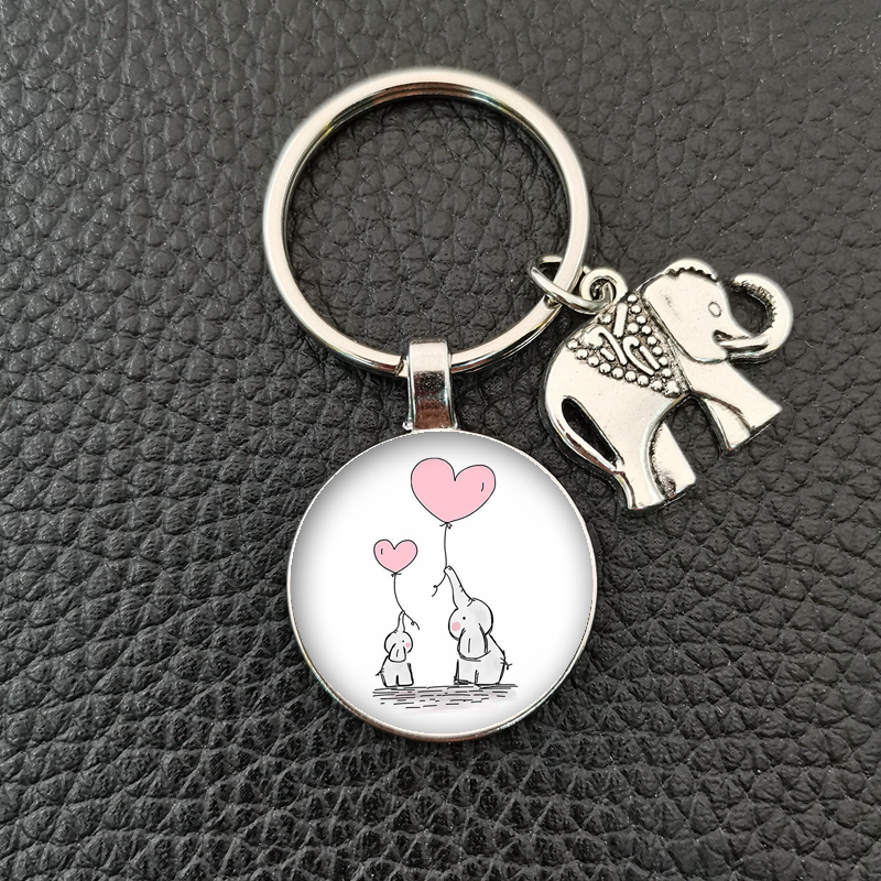 , llavero redondo convexo de cristal con de elefante y elefante bebé hecho a mano, llavero de coche, accesorios de boutique: 2t16