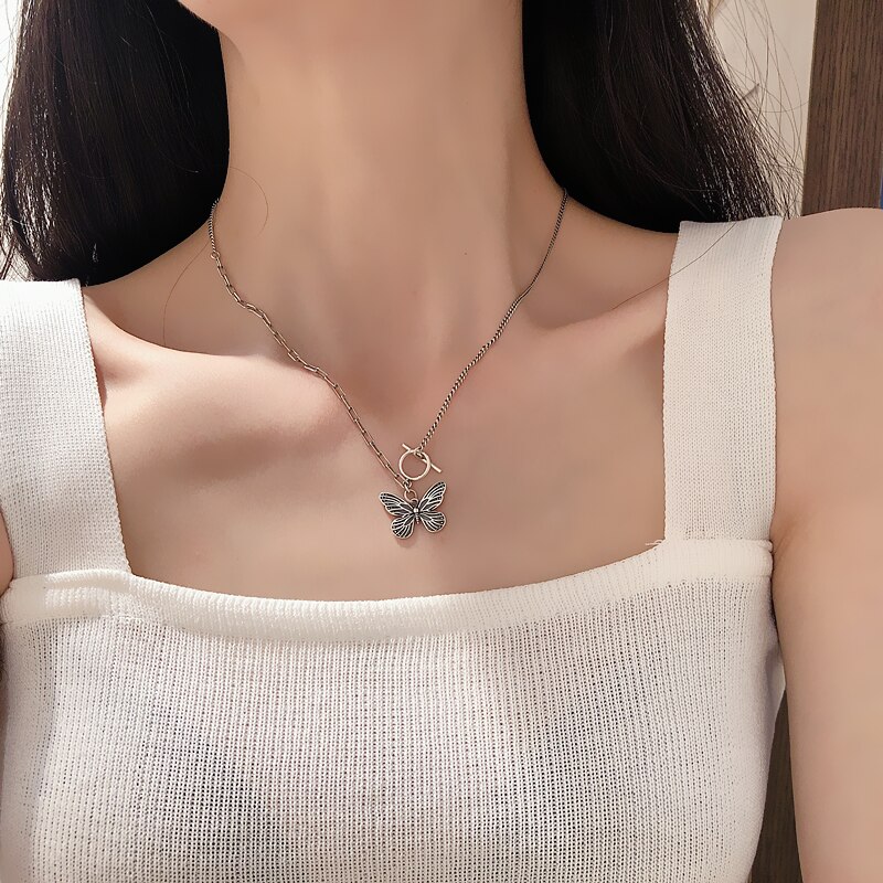 ANENJERY Arrivals Butterfly Pendant Thai Silver Color Necklace for Women Party Clavicle Chain Necklace Jewelry S-N649