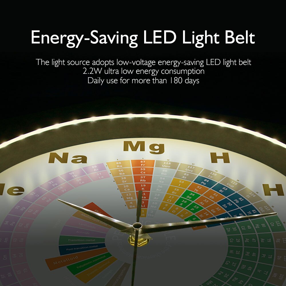 Reloj de pared inteligente con panel de Metal activado, reloj de pared con tabla periódica de elementos químicos, iluminación LED, decoración de arte químico