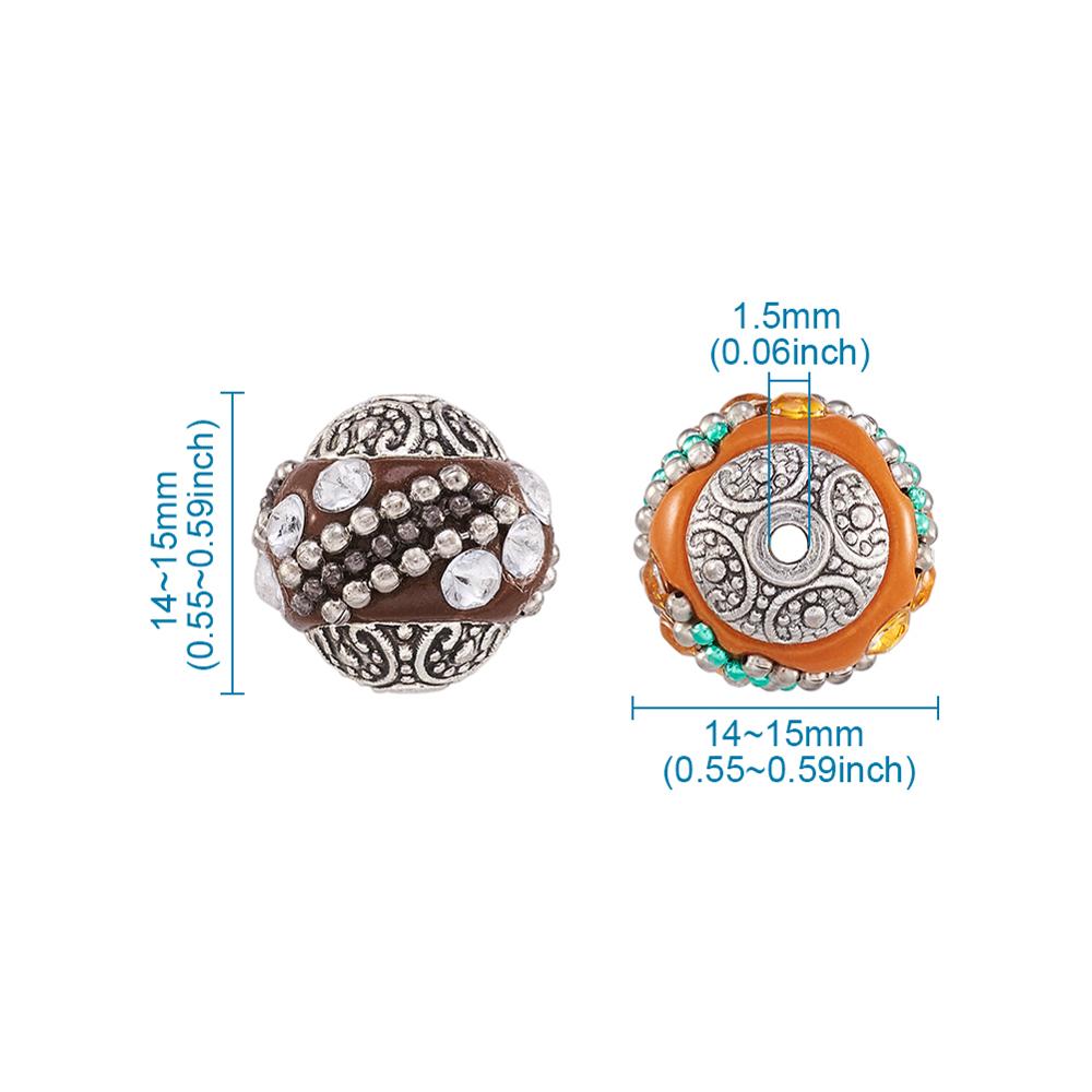 10 peças 14-15mm contas redondas soltas feitas à mão indonésia para fazer jóias pulseira diy com núcleos de liga banhados a prata antiga