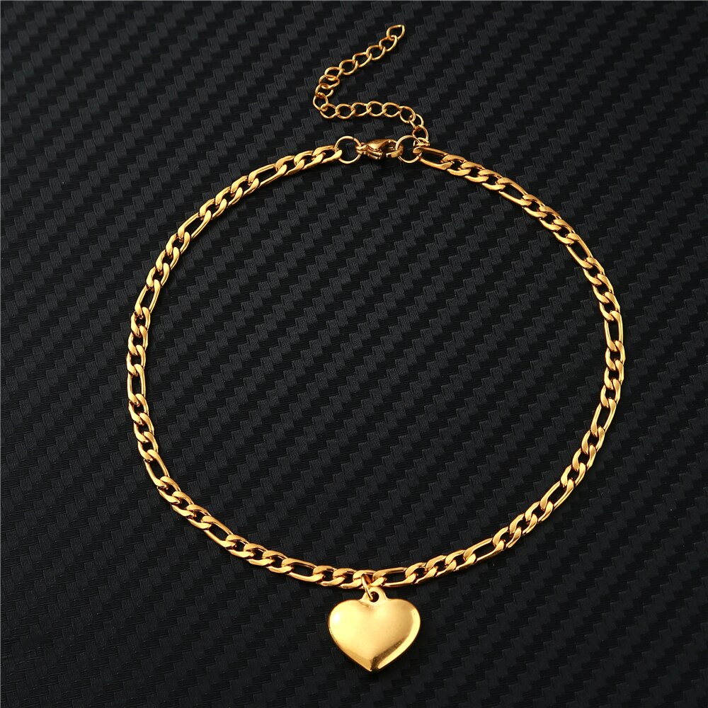 Stainless Steel Figaro Chain Anklet Bracelet For Women Girls Heart Charms Anklet Femme Foot Jewelry