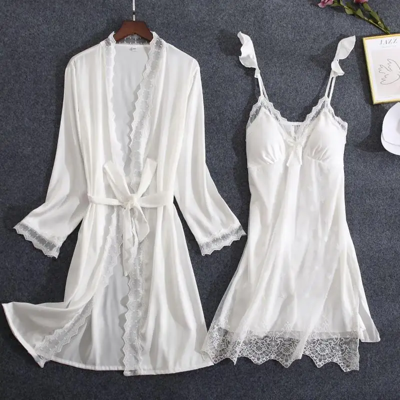 Weiße Spitze Braut Brautjungfer Hochzeit Kleid einstellen Frauen Sommer Nachtwäsche Kimono Bademantel Kleid verlieren lässig Schlaf anzug sexy Heimat Kleid