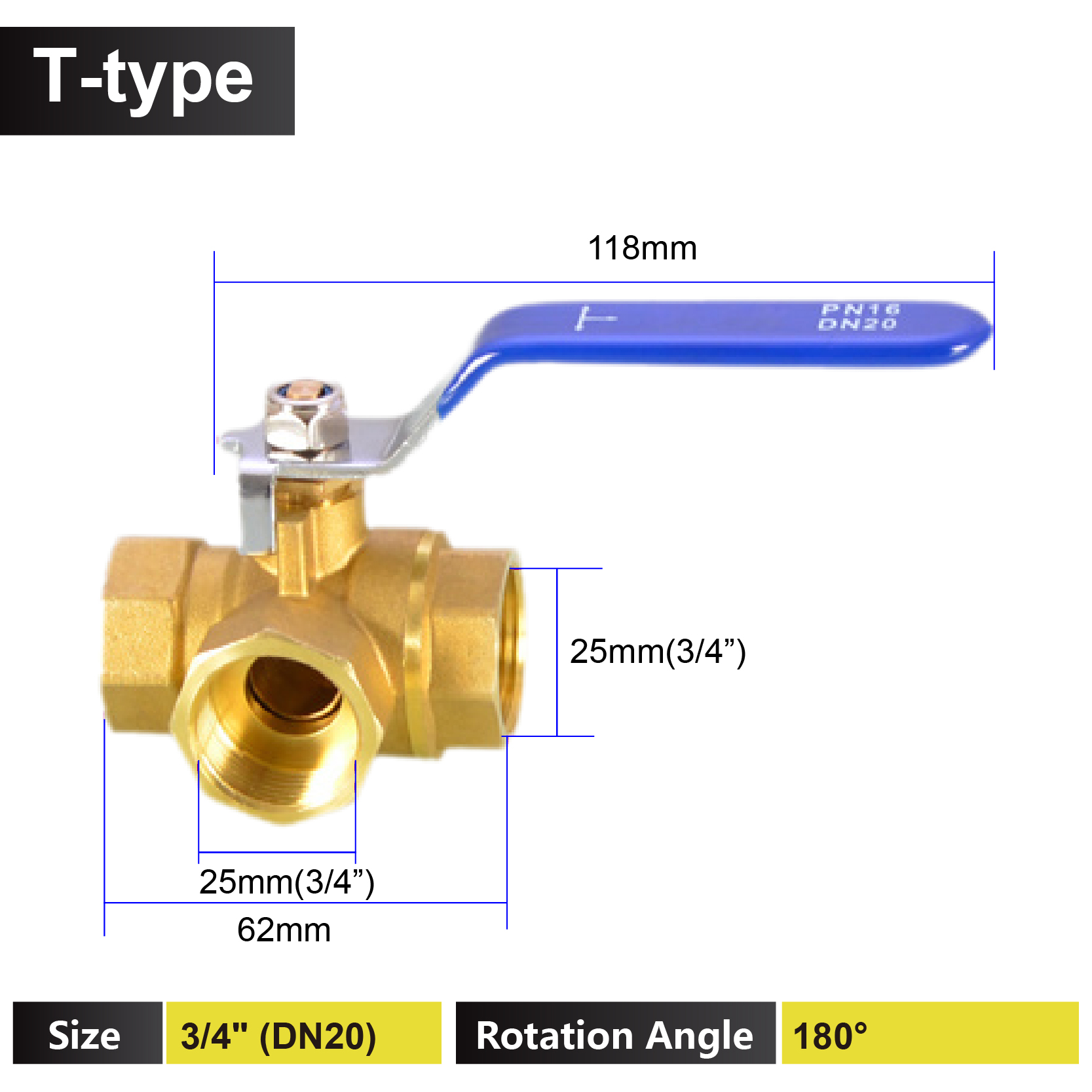 1/4 3/8 1/2 3/4 1 tomme messing 3- vejs ventil t-type l-type indvendig gevind kugleventil afspærring til vand, gas, hvac og vvs: Sort