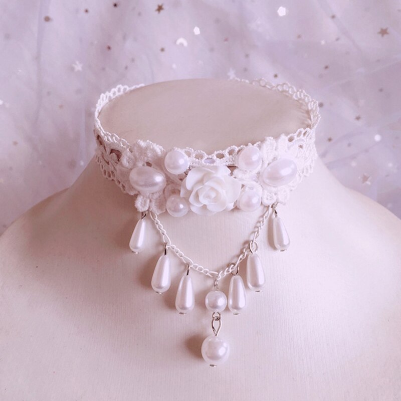 Collier à perles princesse Lolita, dentelle, ras du cou, chaîne de clavicule: White flower