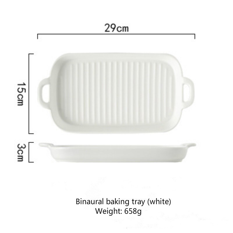 Rectangular Nordic Ceramic Plate Dual Handle Chicken Wings Barbecue Baking Plate Baking Tableware Heat Resistant Tableware Plate: White