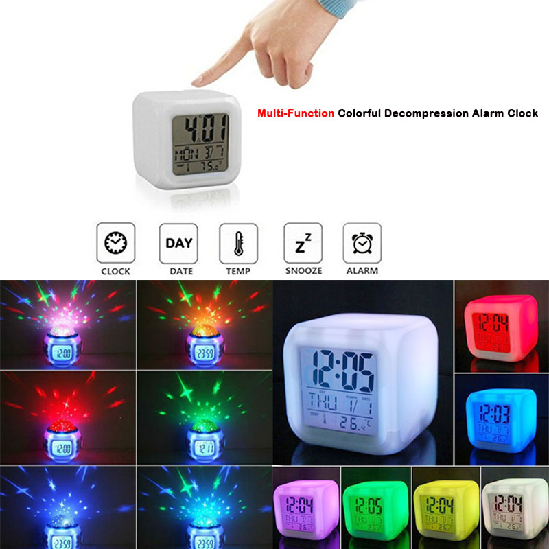 Multifunctionele 7 Kleuren Veranderen GELEID Digitale Wekker met Datum Alarm Thermometer Desktop Tafel Cube Wekker Night Glowing