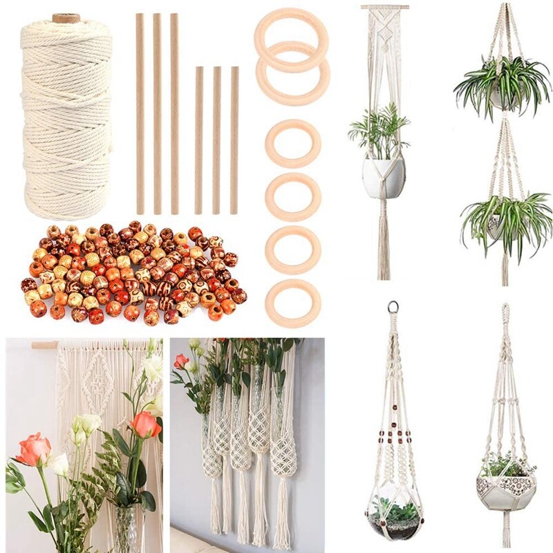 Macrame snorreb med træbønner træringe træpinde macrame craft bomuldssnor til plantebøjler strikning craft diy