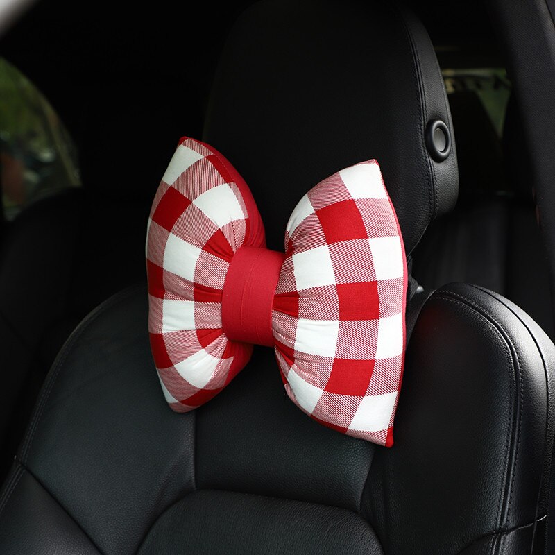 Oreiller avec nœud papillon pour appui-tête de voiture, 1 pièce, appui-tête à carreaux rouges, oreiller lombaire à carreaux noirs, coussin de siège, Kawaii, accessoires de voiture: Red plaid Headrest