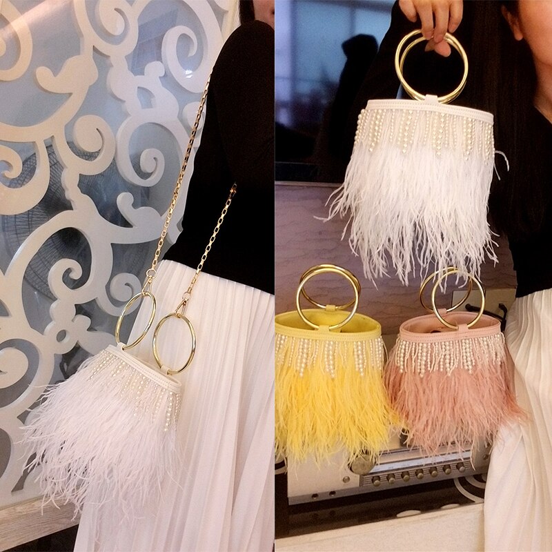 Luxury Ostrich Feather Wedding Purses and Handbags for Women Bucket Tote Pearl Fringe Party Chain Shoulder Bag