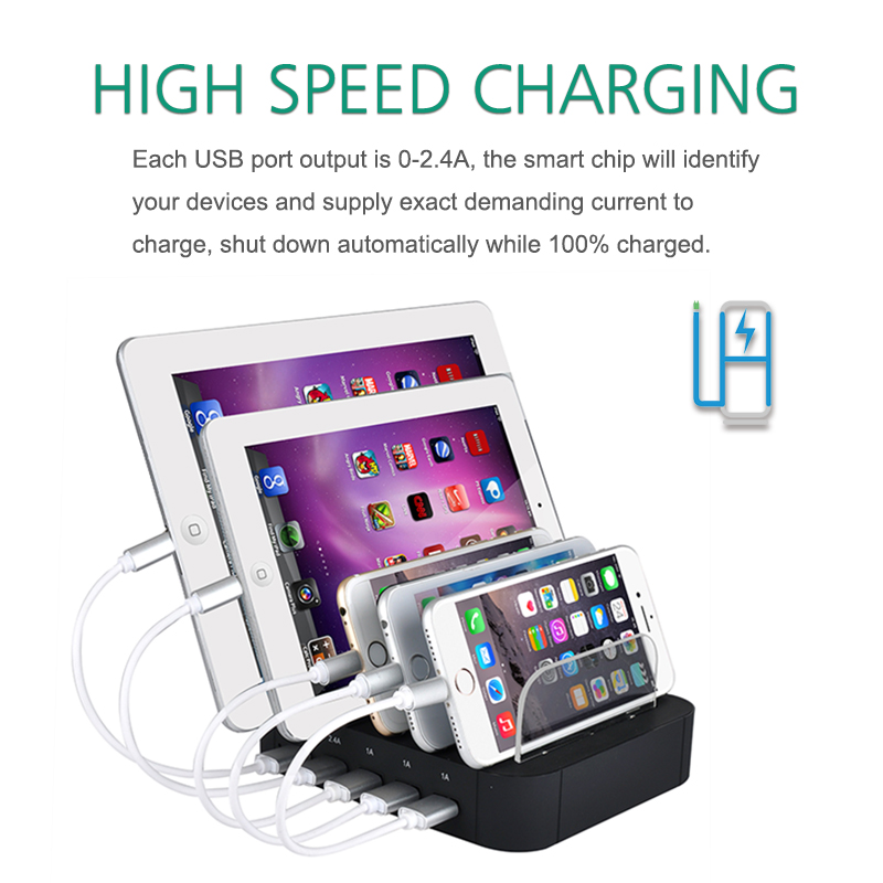 Evfun USB Station de charge organisateur Dock 5 ports chargeur de bureau universel téléphone portable iPhone support de charge Multiple Multi dispositif