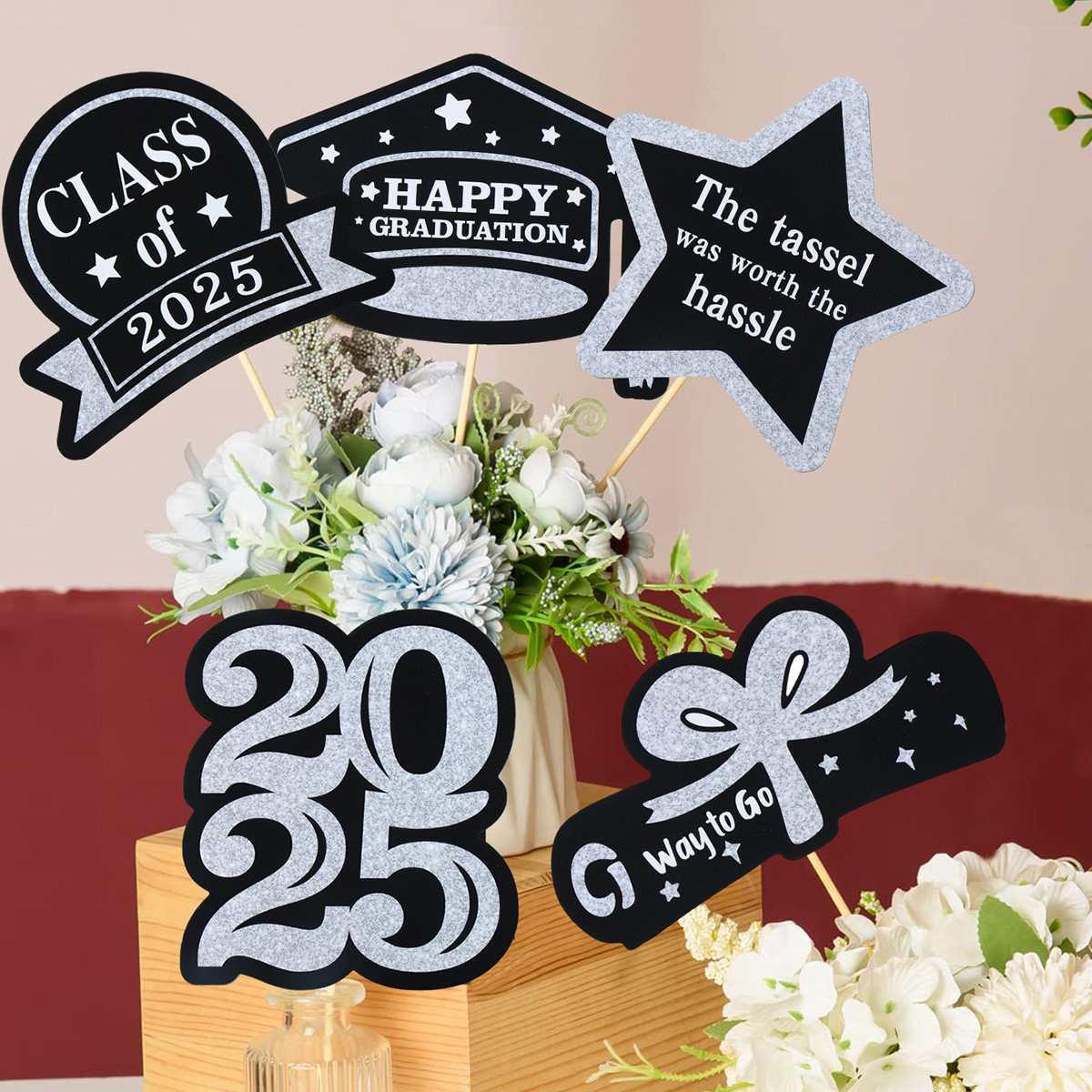 Graduation Decorations Paper Cupcake Toppers Class of Grad Centerpiece Sticks Graduation Party Table Topper Decoration