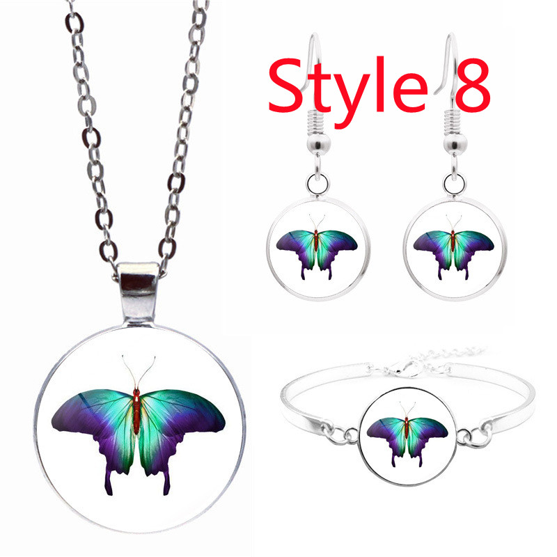 Tegel Sieraden Vlinder Glas Cabochon Ketting Stud Oorbellen Armband Set Totally 4Pcs Boom Celestial Vrouwen Sieraden Set: Style 8