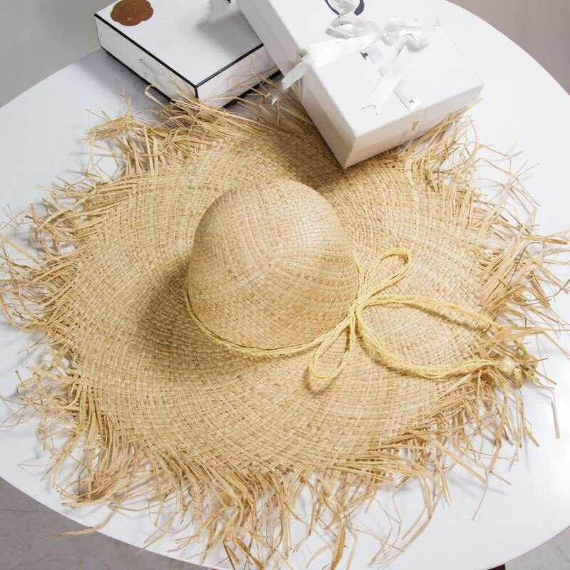 Zomer Natuurlijke Grote Brede Rand Zonnehoed Voor Vrouwen Raffia Jazz Floppy Hoed Strooien Hoeden Cirkel Fringe Hollow Out Beach panama Hoed: like picture2