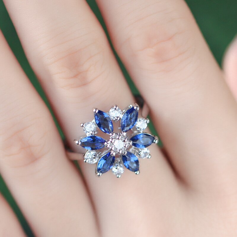 Pera moda feminina dedo jóias royal azul e branco zircônia cúbica grande cristal austríaco girassol anéis para presente feminino r004