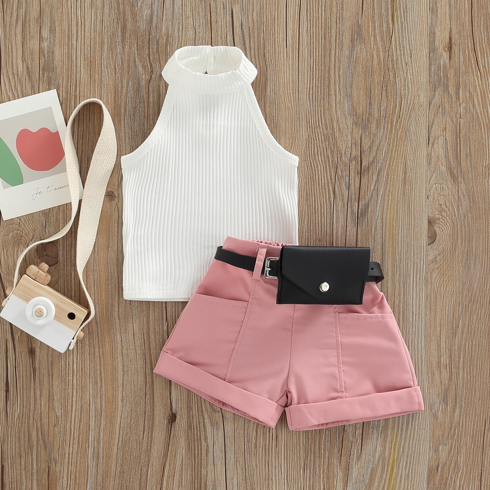 Toddler Girls Clothing set 2022 Summer Fashion tinta unita senza maniche a costine Top Shorts marsupio Outfit abito per bambini