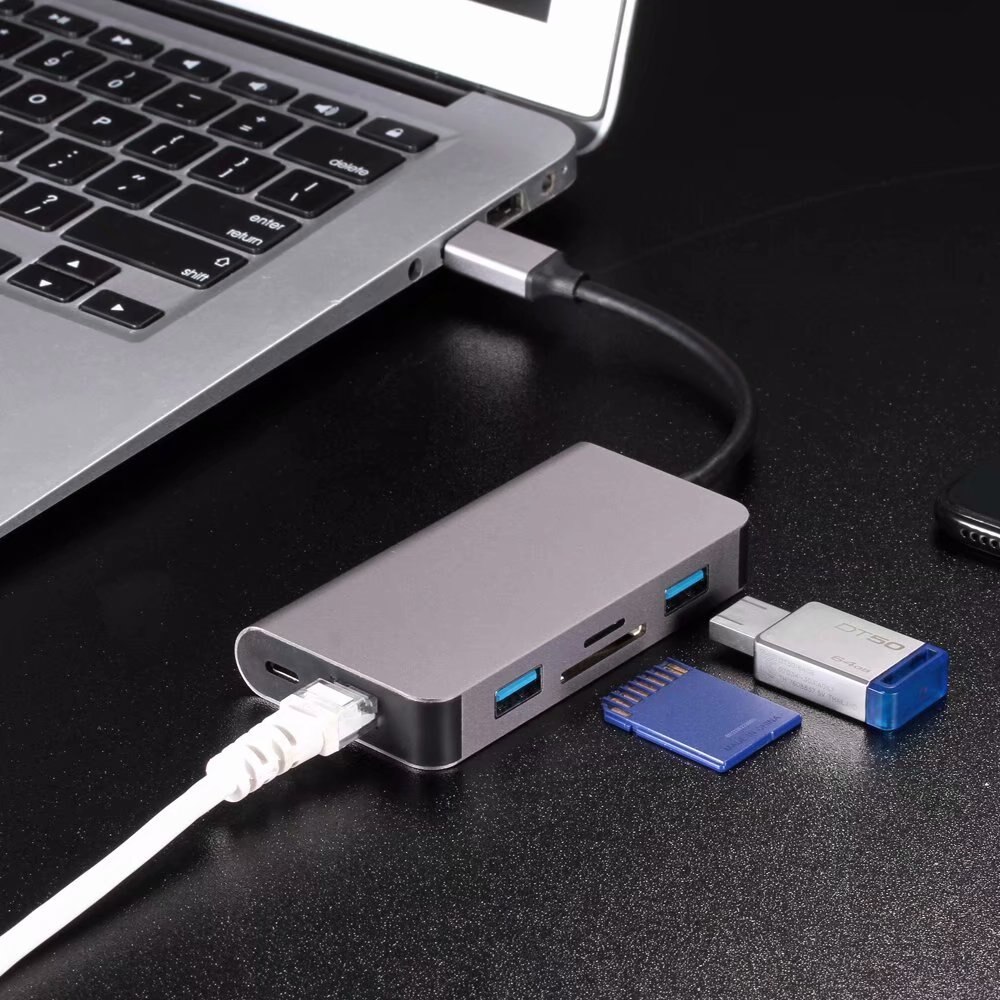 6 em RJ45 1-Tipo C Alumínio Laptop Docking Station USB C para Tipo de Leitor de Cartão USB 3.0 TF C DP Adaptador Para MacBook Docking