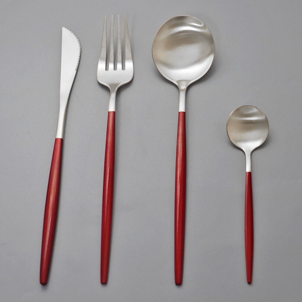 Western 4 pièces rose or mat ensemble de couverts 304 en acier inoxydable vaisselle couteau fourchette cuillère vaisselle cuisine dîner couverts ensemble: Red Silver